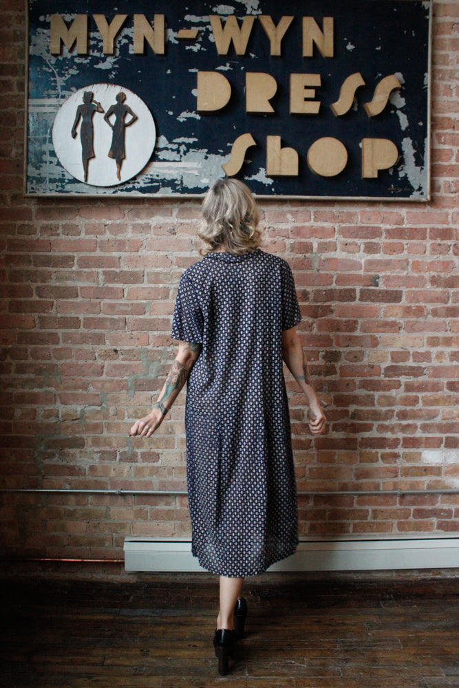 1920s Swiss-dot Cotton Blue Day Dress - XL