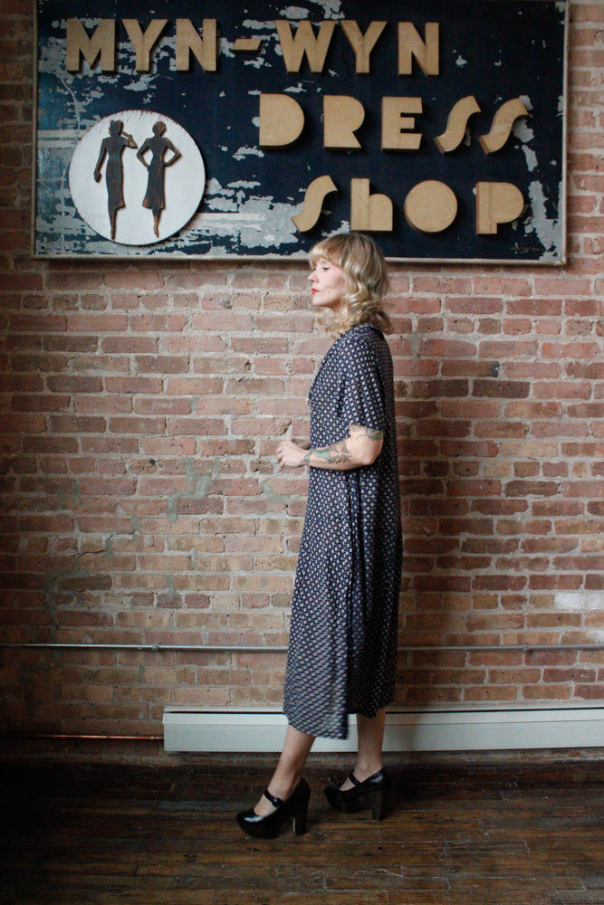 1920s Swiss-dot Cotton Blue Day Dress - XL