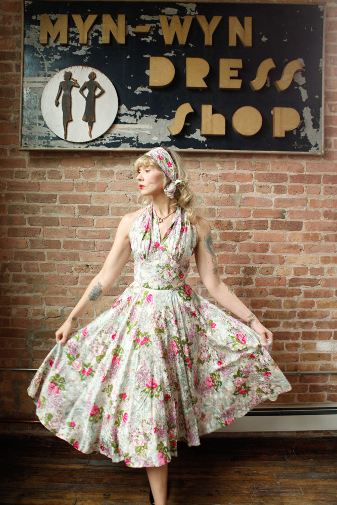 1950s Silk Floral Halter Dress & Scarf - Xsmall