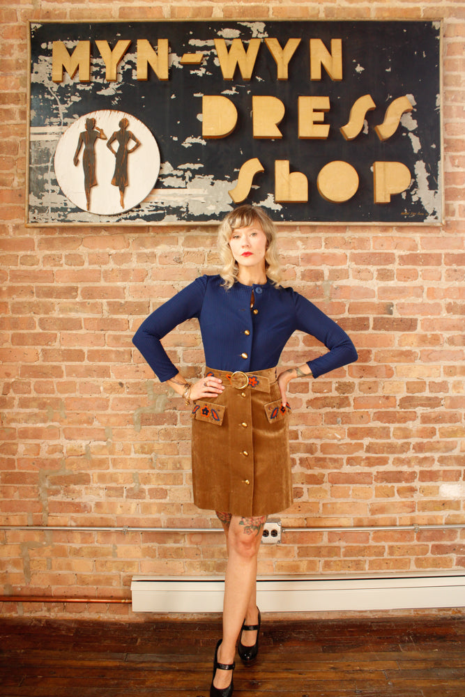 1970s Knit & Faux Velvet Embroidered Dress with Belt