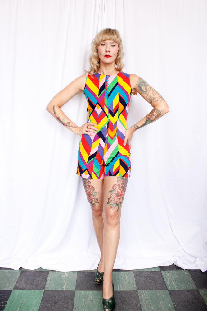 1960s Mod Colorful Cotton Twill Romper - Small