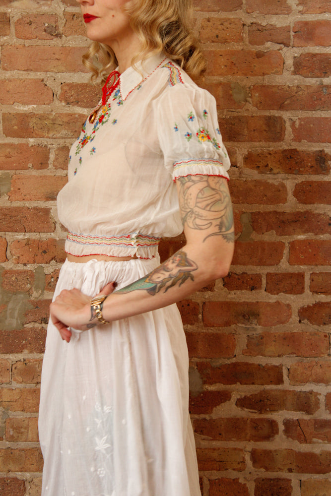 1940s Hungarian Cotton Gauze Floral Embroidered Top - Xsmall  & 1900s Cotton Embroidered & Lace Skirt - Fits Small to XL 