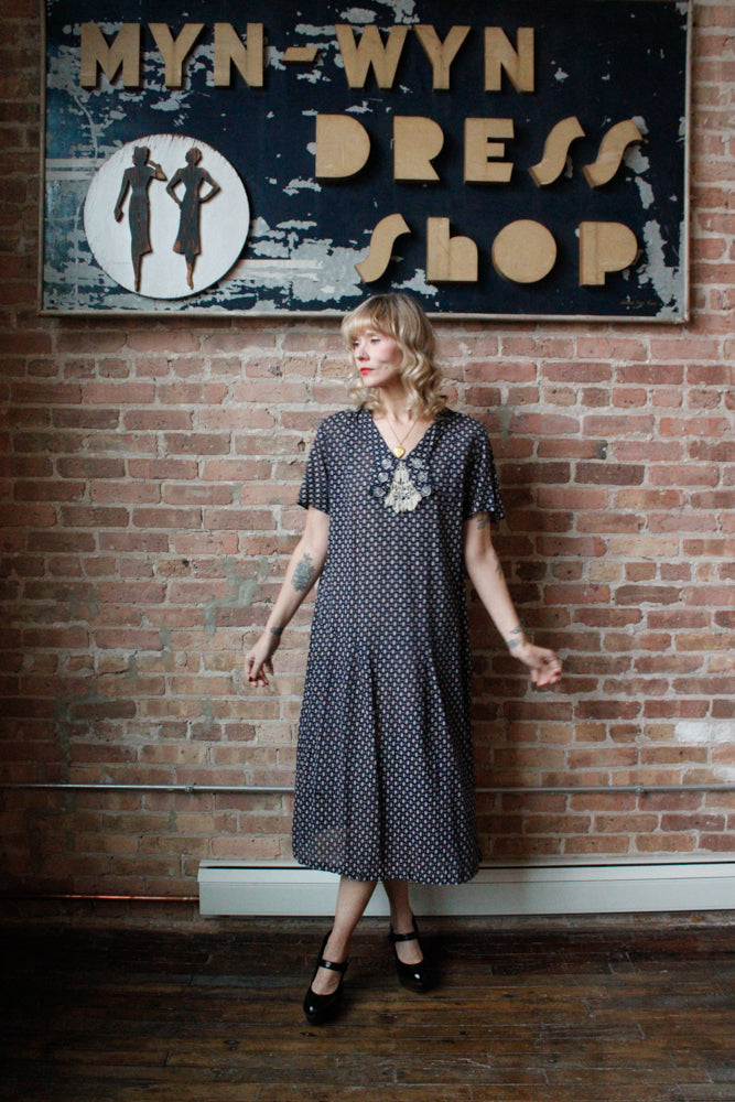 1920s Swiss-dot Cotton Blue Day Dress - XL