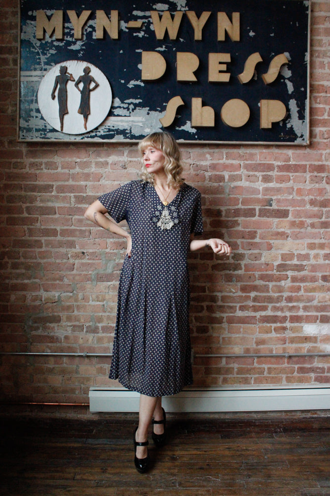 1920s Swiss-dot Cotton Blue Day Dress - XL
