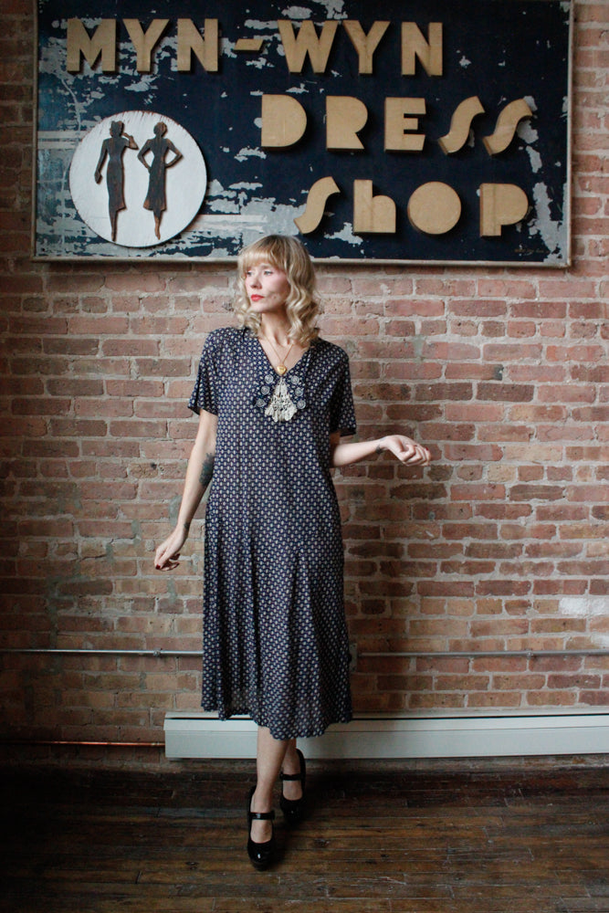 1920s Swiss-dot Cotton Blue Day Dress - XL