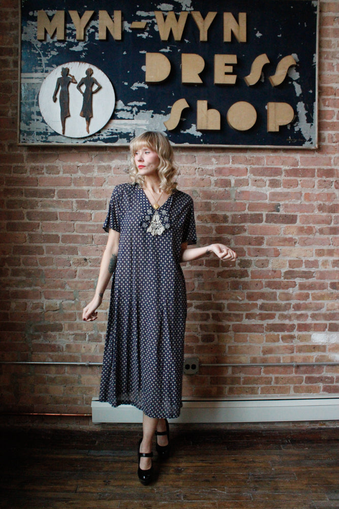 1920s Swiss-dot Cotton Blue Day Dress - XL
