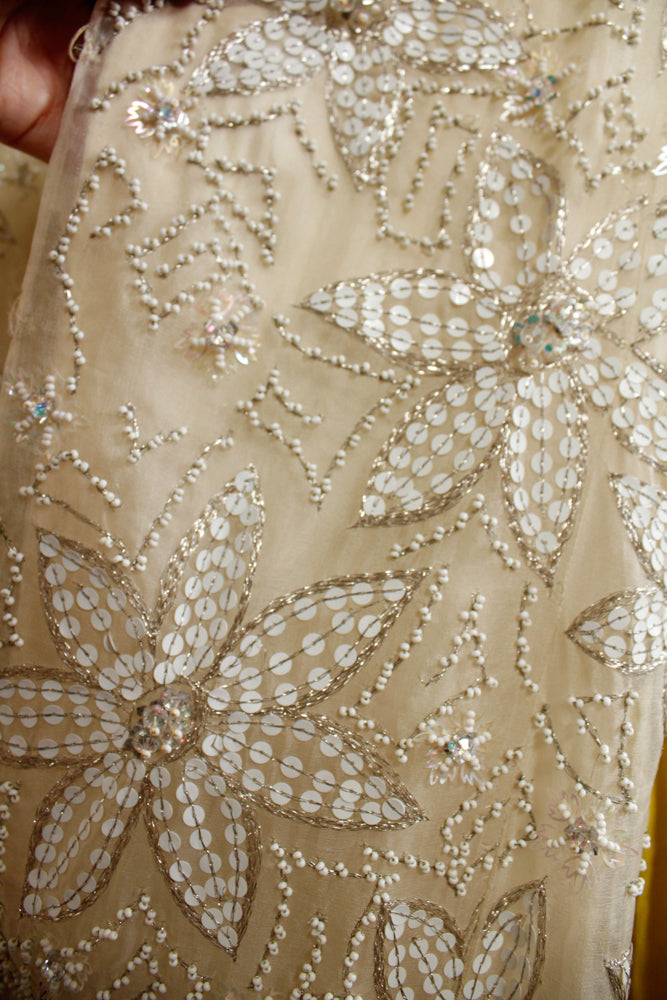 1960s Sequined and Beaded Star Flower Silk Mini Dress by Malcolm Starr - Xs/S