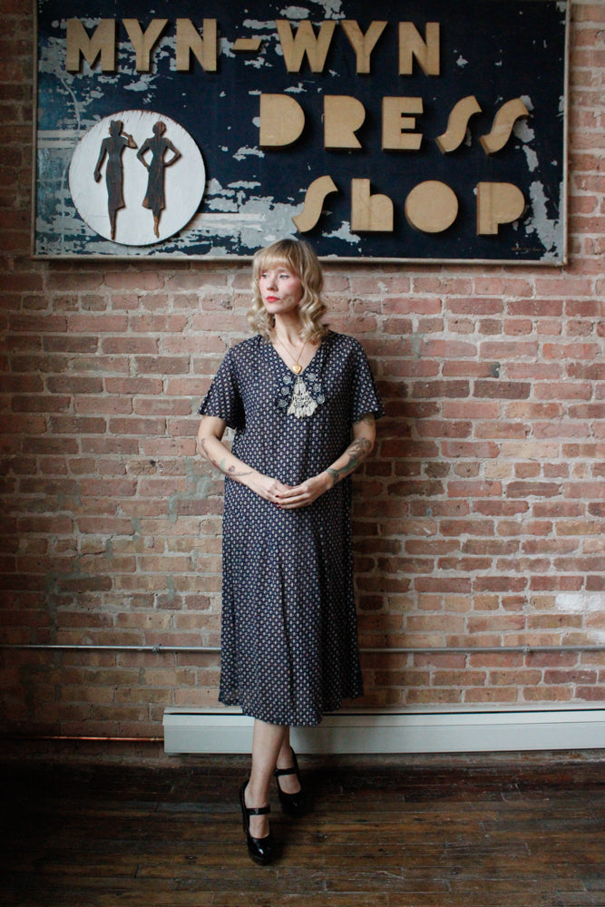 1920s Swiss-dot Cotton Blue Day Dress - XL