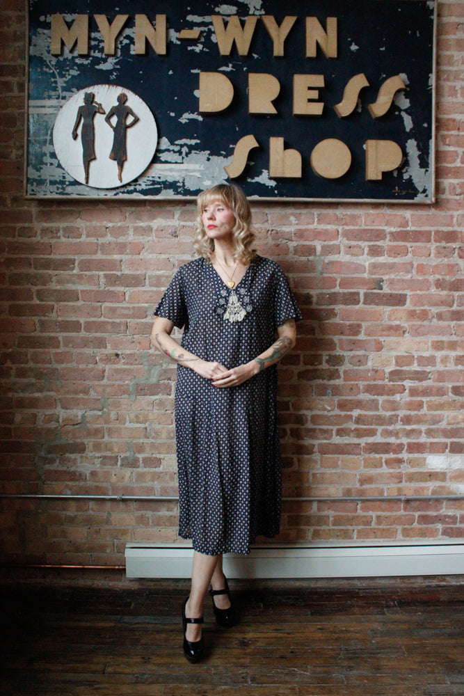 1920s Swiss-dot Cotton Blue Day Dress - XL