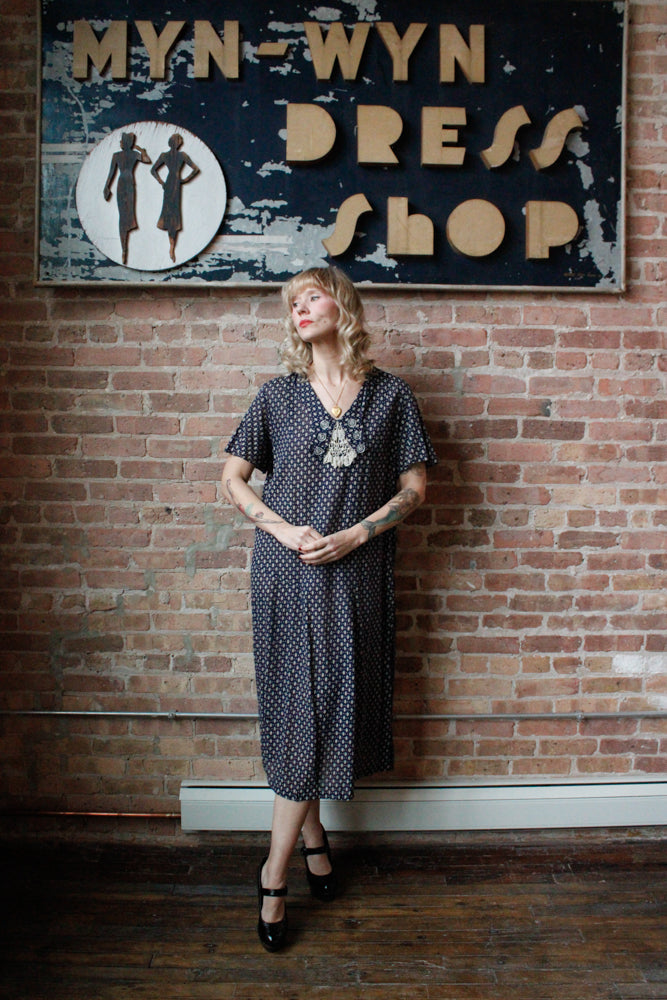 1920s Swiss-dot Cotton Blue Day Dress - XL