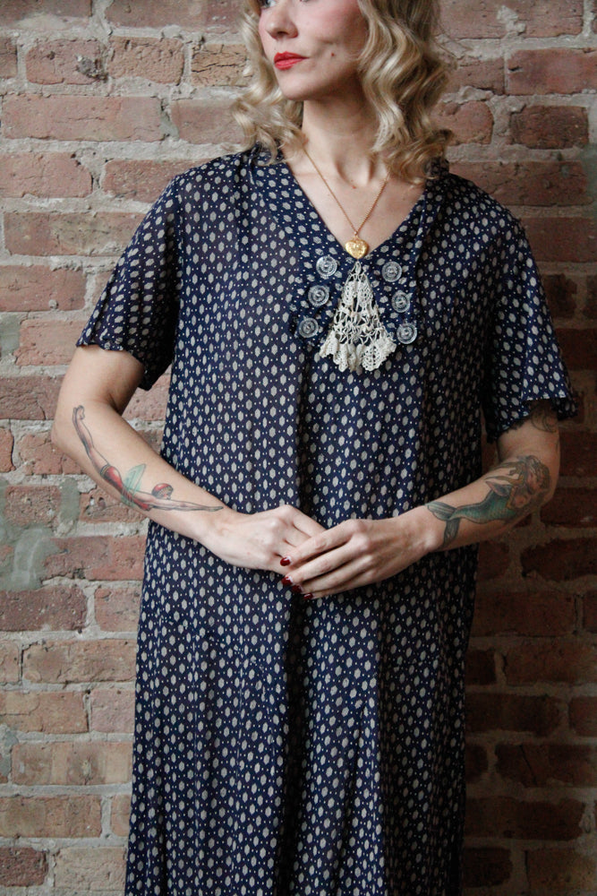 1920s Swiss-dot Cotton Blue Day Dress - XL