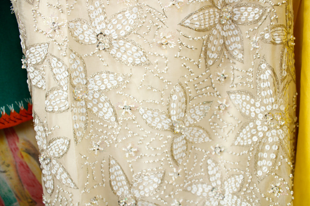 1960s Sequined and Beaded Star Flower Silk Mini Dress by Malcolm Starr - Xs/S
