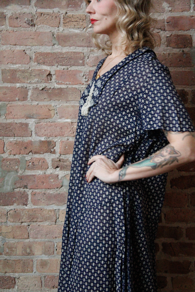 1920s Swiss-dot Cotton Blue Day Dress - XL