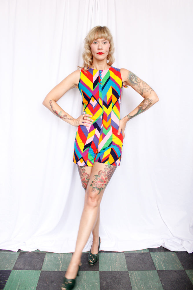 1960s Mod Colorful Cotton Twill Romper - Small