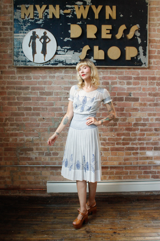 1930s Hungarian Blue Embroidered Cotton Voile Dress - Xs/S