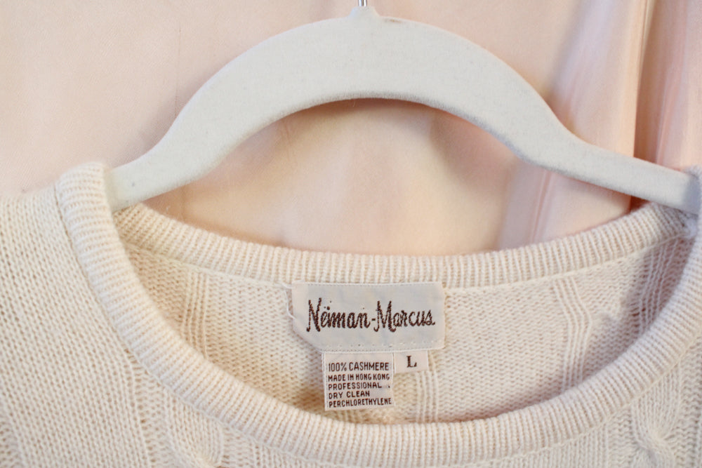 1990s Neiman Marcus Ivory Cashmere Cable Knit Sweater - Large & 1940s Ballerina Slipper Pink Nylon Taffeta Skirt - Xsmall