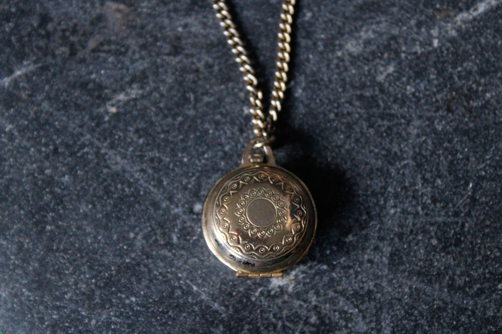 1940s Floral Gold Fill and Brass Chain Locket w/ picture inside
