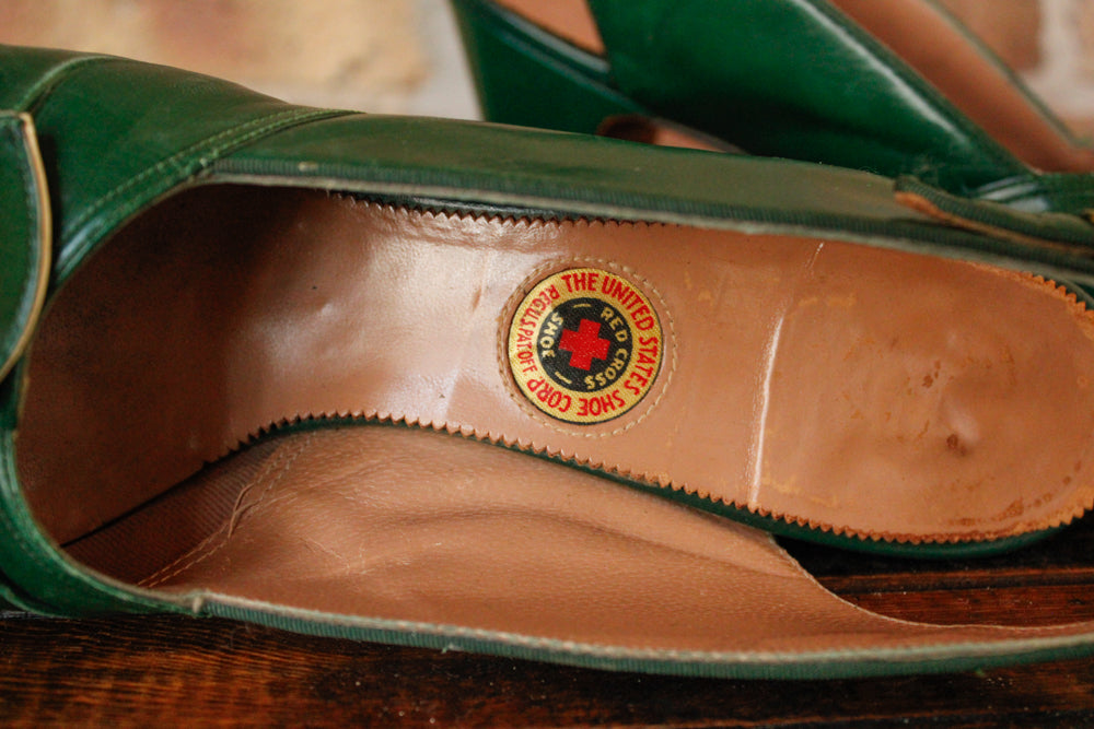 1940s Green Leather Knot Slingback Heel - 8.5