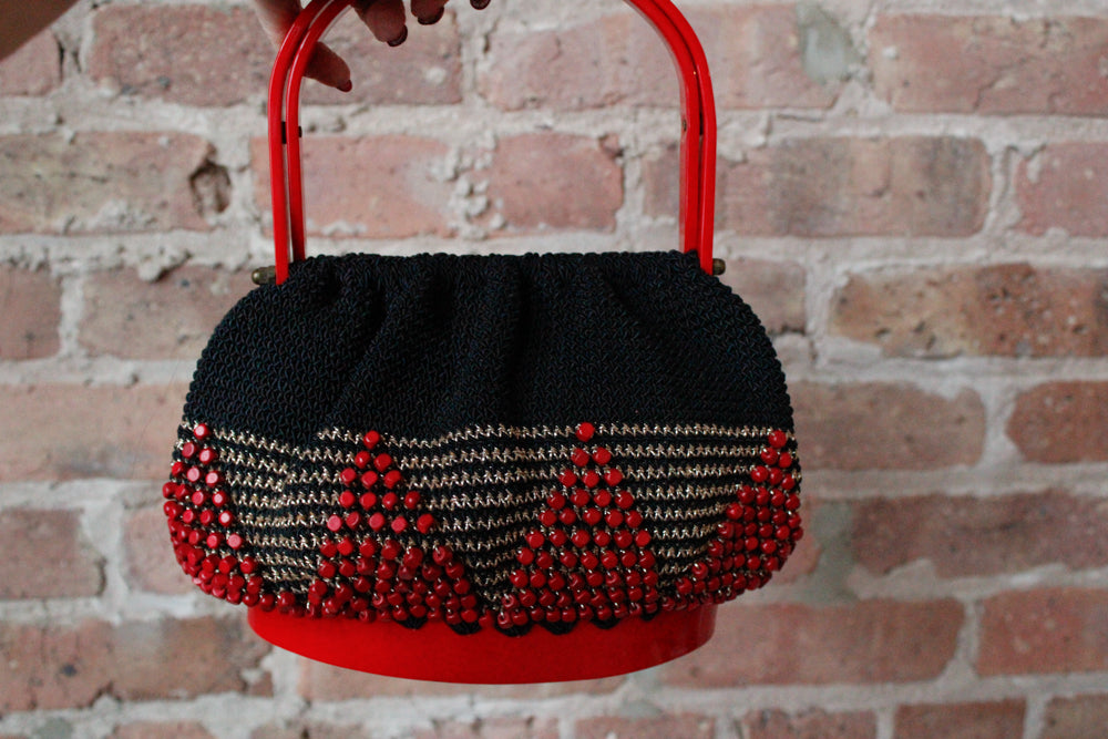 1940s RARE Red Lucite &  Silver & Black Deco Knit Bag