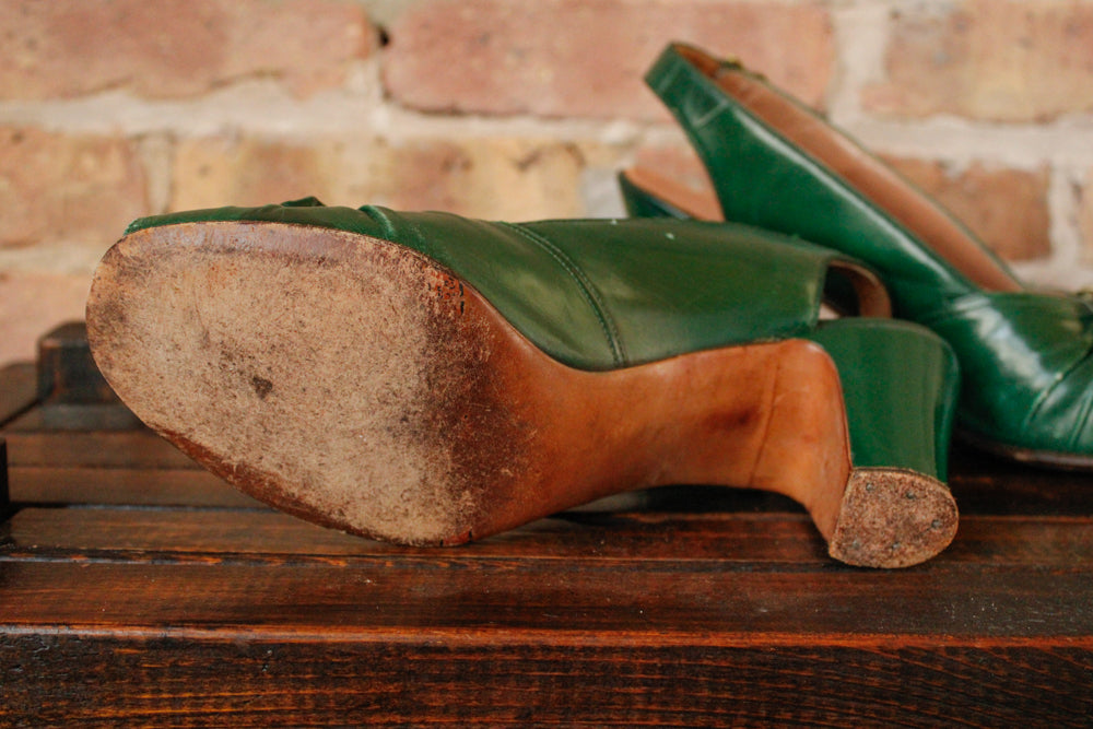 1940s Green Leather Knot Slingback Heel - 8.5