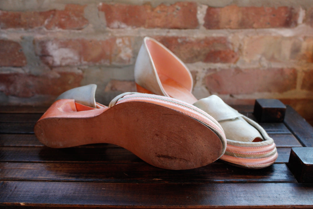 1930s Art Deco Pink & Green Silk Wedge Heels - 7.5/8