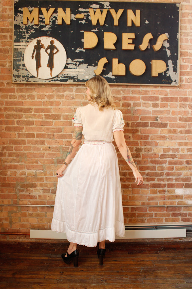 1940s Hungarian Cotton Gauze Floral Embroidered Top - Xsmall  & 1900s Cotton Embroidered & Lace Skirt - Fits Small to XL 