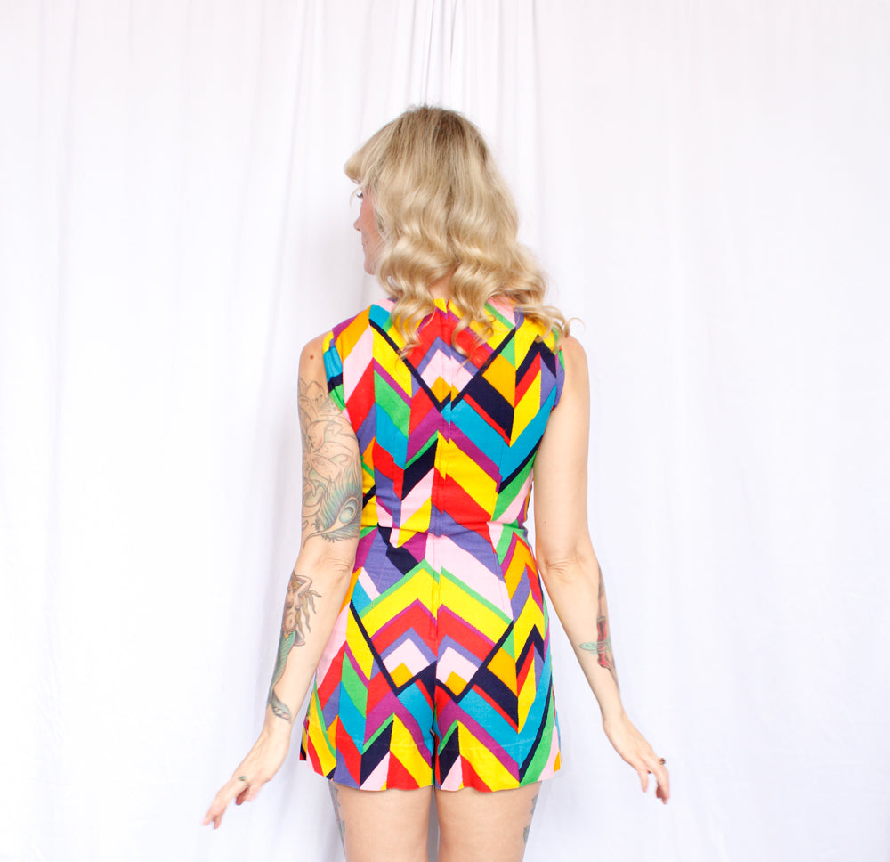 1960s Mod Colorful Cotton Twill Romper - Small