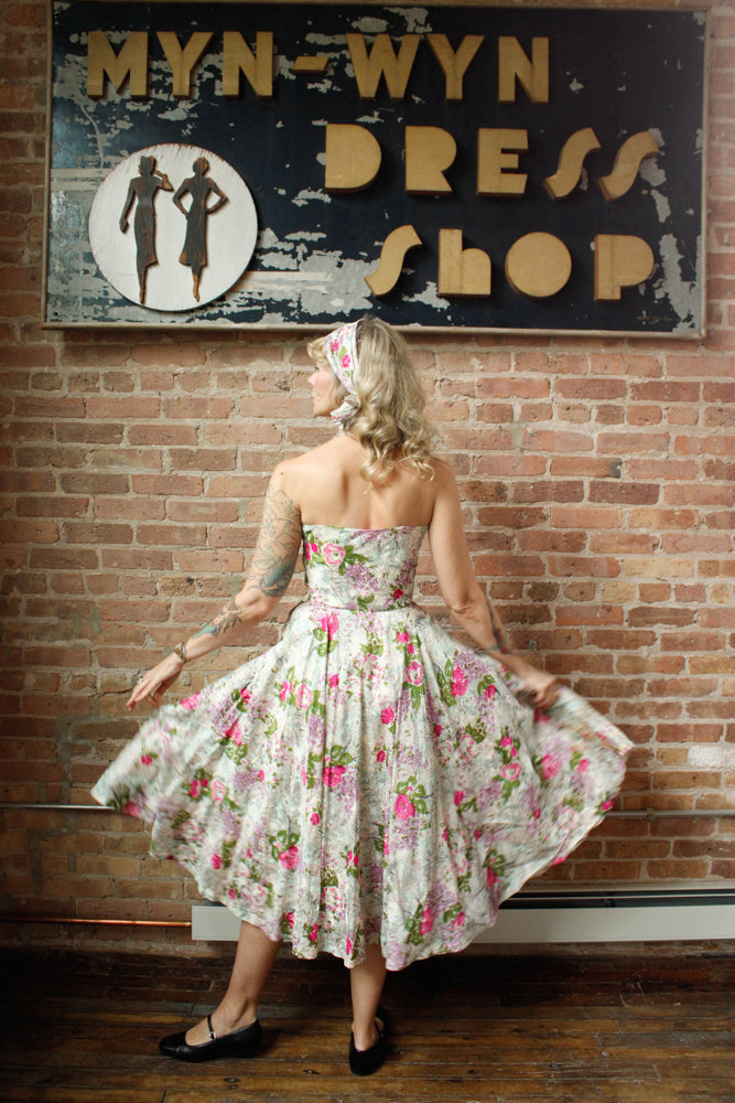 1950s Silk Floral Halter Dress & Scarf - Xsmall