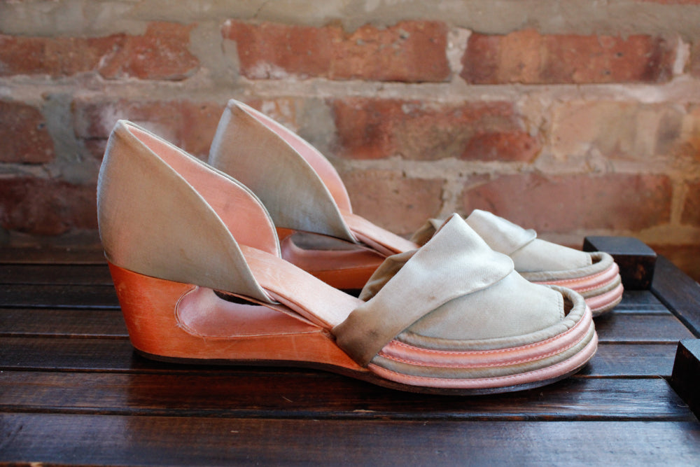 1930s Art Deco Pink & Green Silk Wedge Heels - 7.5/8