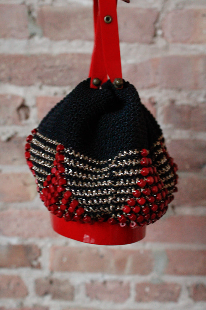 1940s RARE Red Lucite &  Silver & Black Deco Knit Bag