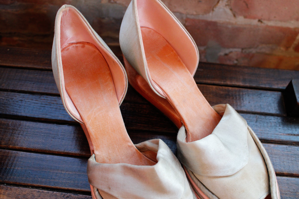 1930s Art Deco Pink & Green Silk Wedge Heels - 7.5/8