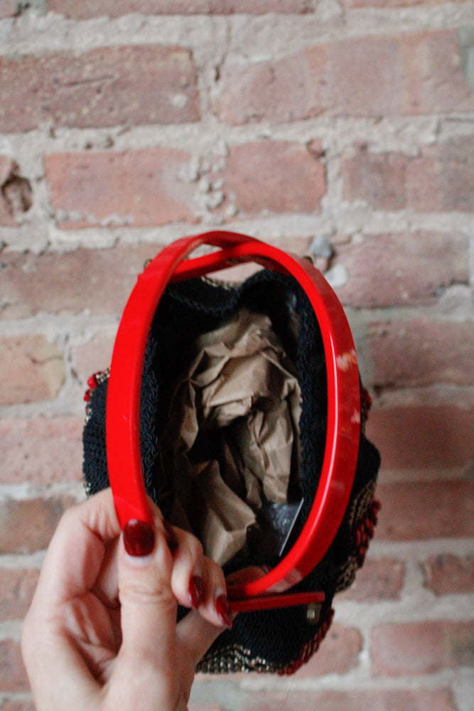 1940s RARE Red Lucite &  Silver & Black Deco Knit Bag