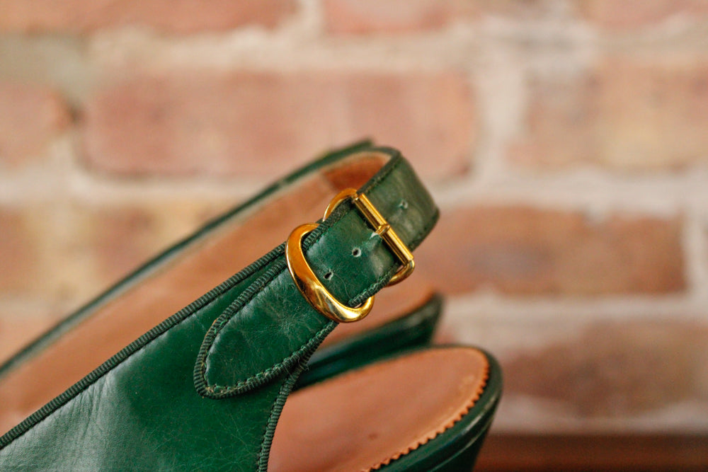 1940s Green Leather Knot Slingback Heel - 8.5