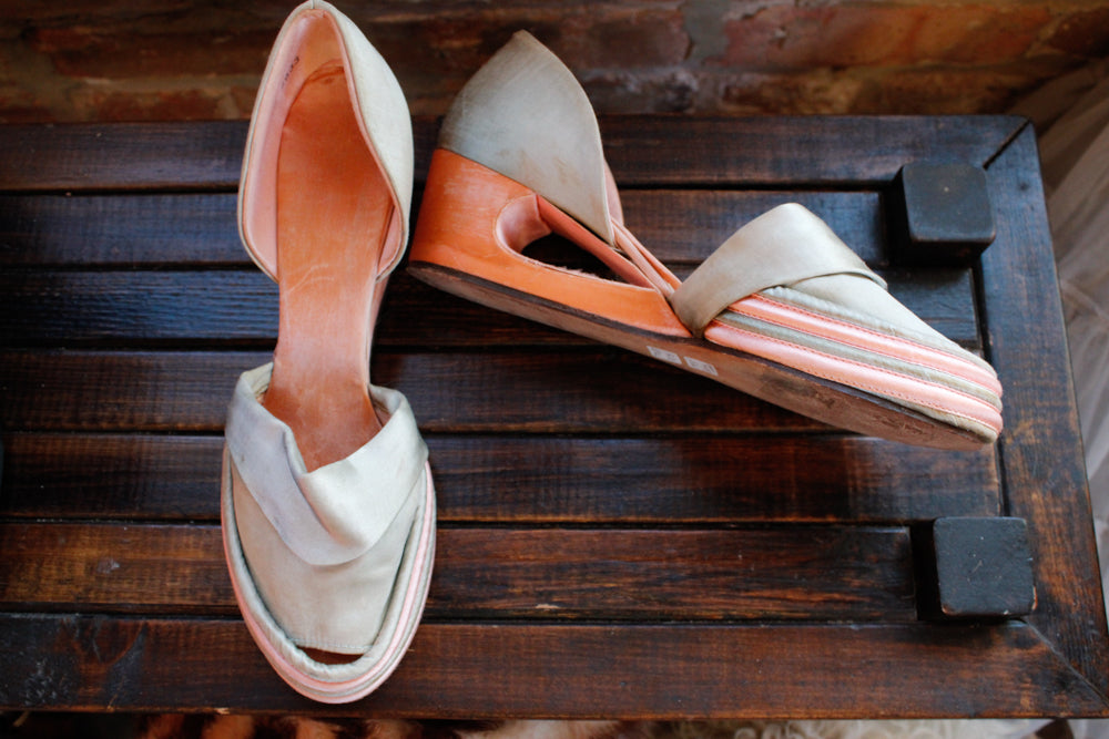 1930s Art Deco Pink & Green Silk Wedge Heels - 7.5/8
