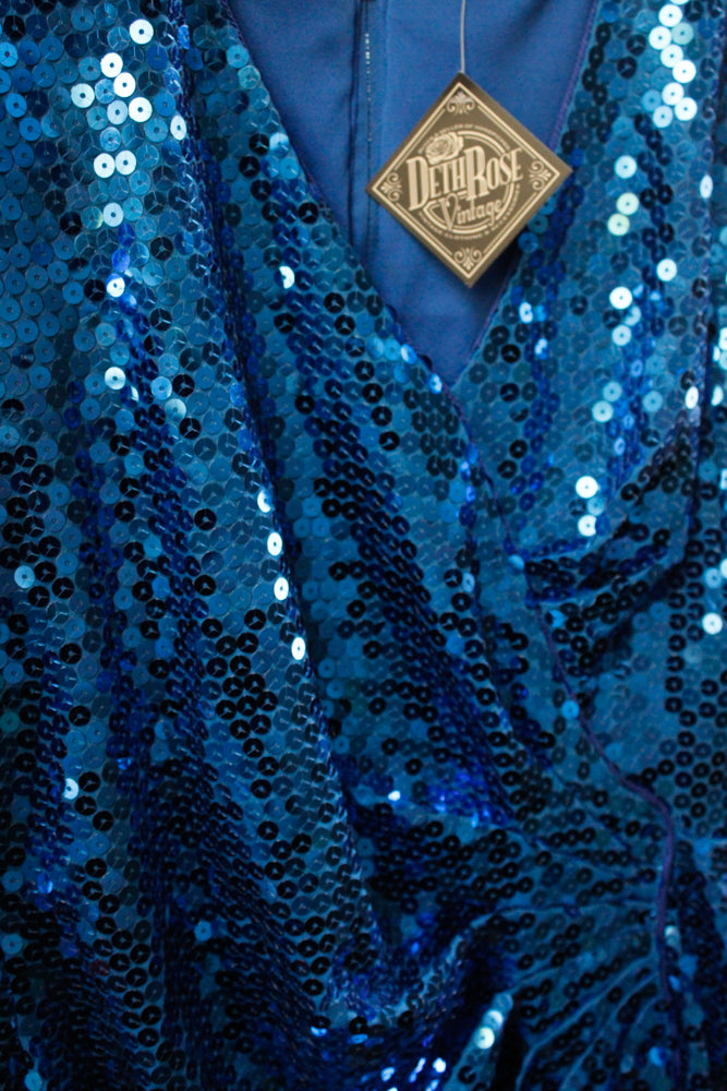 1990s Blue Sequin Dynasty Dress - Medium