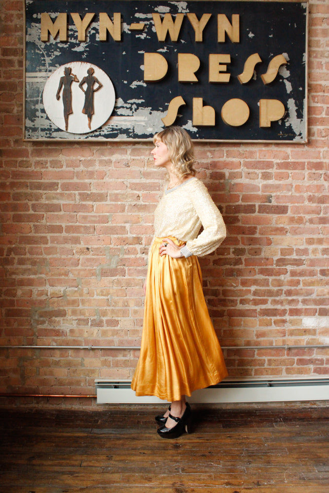1960s Sequin & Beaded Rayon Top - Medium  & 1940s Hand Made Gold Maxi Skirt - 28" Waist