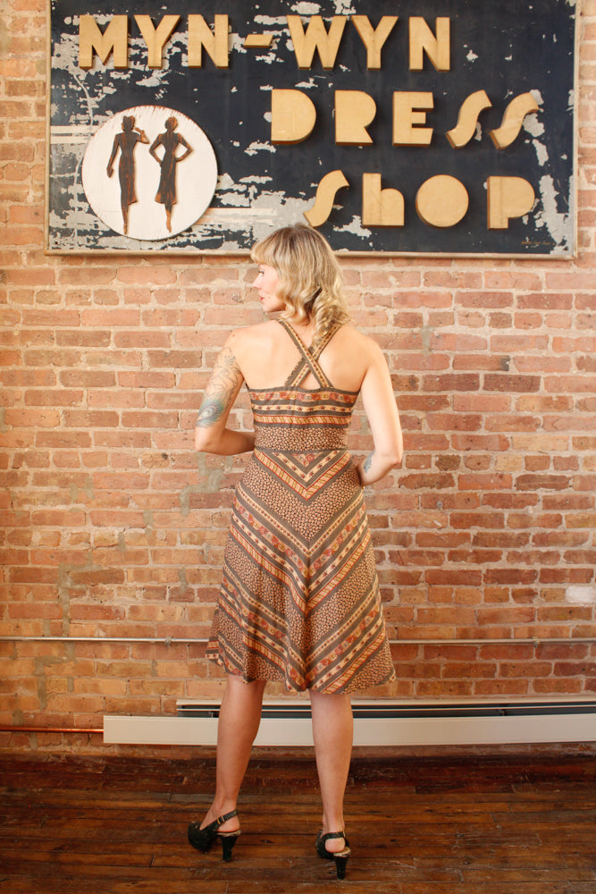 1970s Floral Chevron Day Dress - Medium