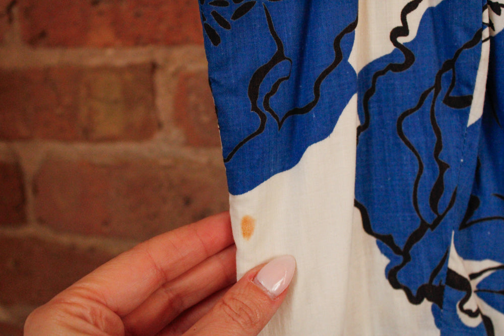 1950s Blue & Black Floral Day Dress with Appliqué Flower - Xsmall