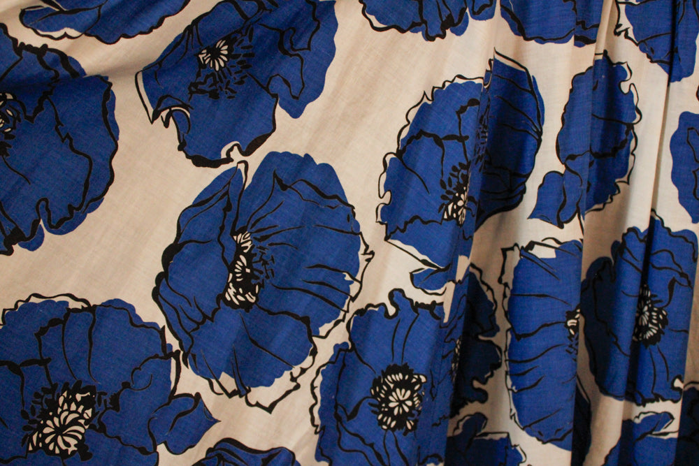 1950s Blue & Black Floral Day Dress with Appliqué Flower - Xsmall