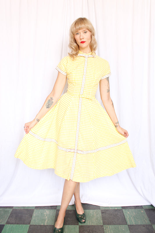 1950s Yellow Gingham Cotton Day Dress - Small