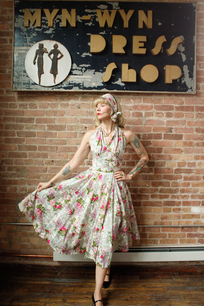 1950s Silk Floral Halter Dress & Scarf - Xsmall