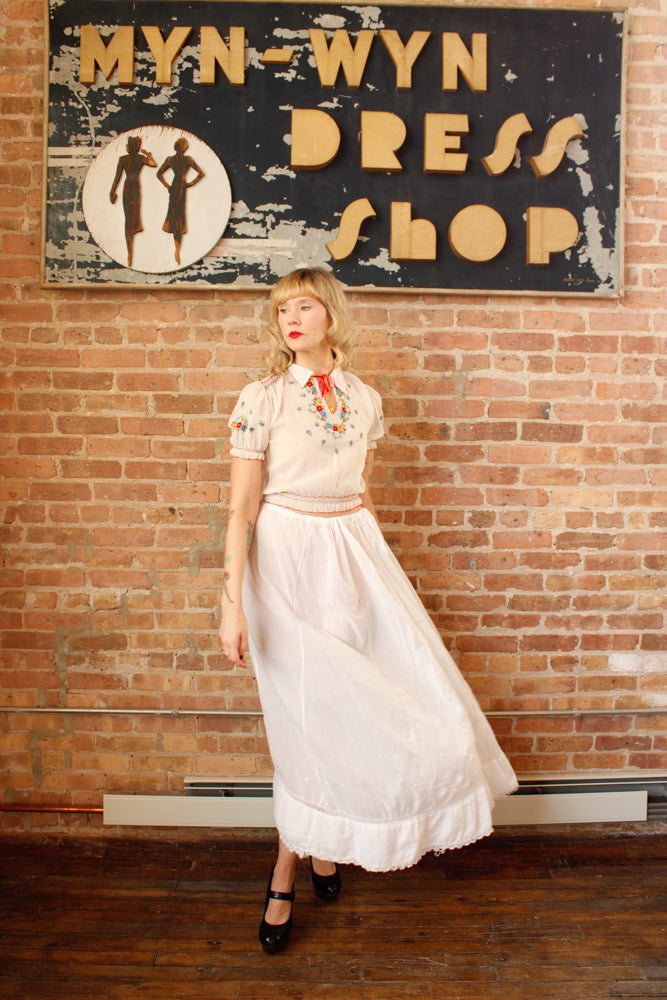 1940s Hungarian Cotton Gauze Floral Embroidered Top - Xsmall  & 1900s Cotton Embroidered & Lace Skirt - Fits Small to XL 