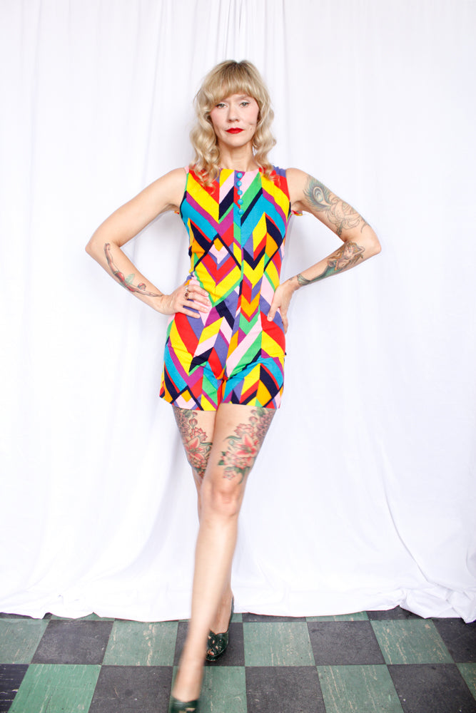 1960s Mod Colorful Cotton Twill Romper - Small