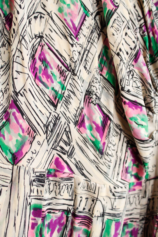 1950s Abstract Parisian Print Silk Dress - Small 