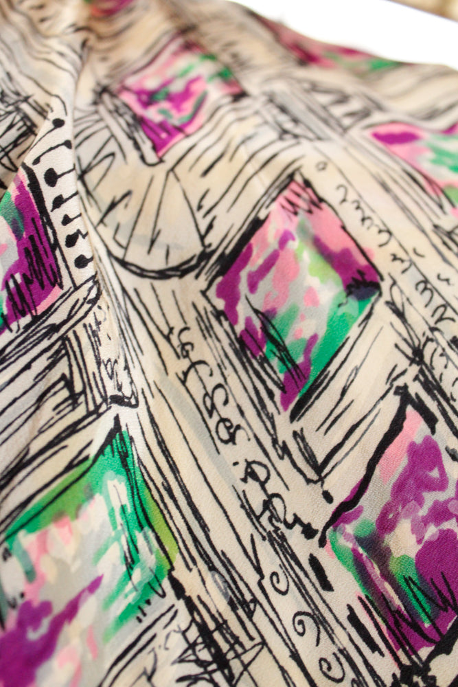 1950s Abstract Parisian Print Silk Dress - Small 