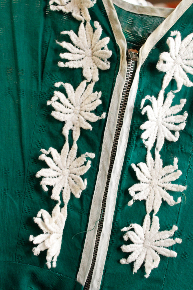 1950s Kelly Green Floral Appliqué Dress - Xsmall