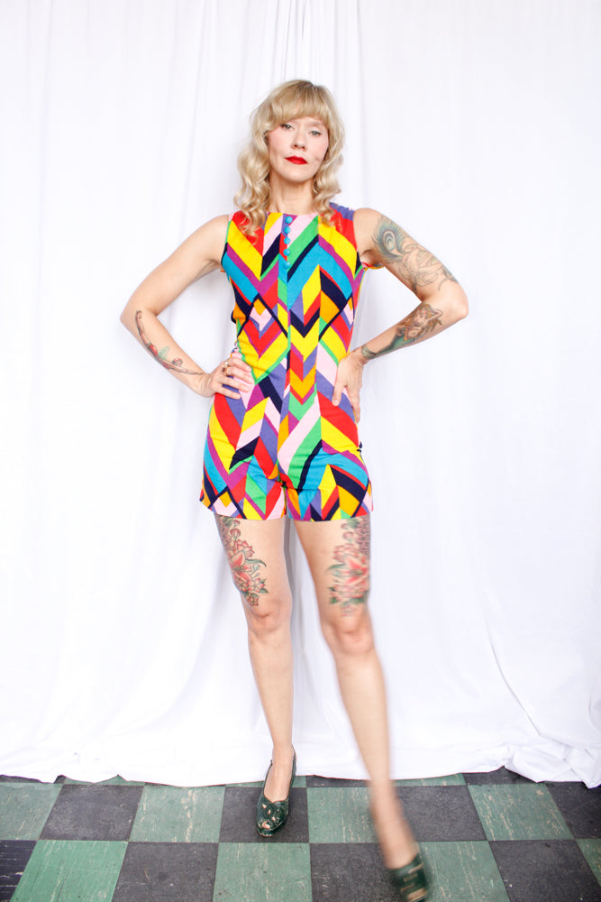 1960s Mod Colorful Cotton Twill Romper - Small