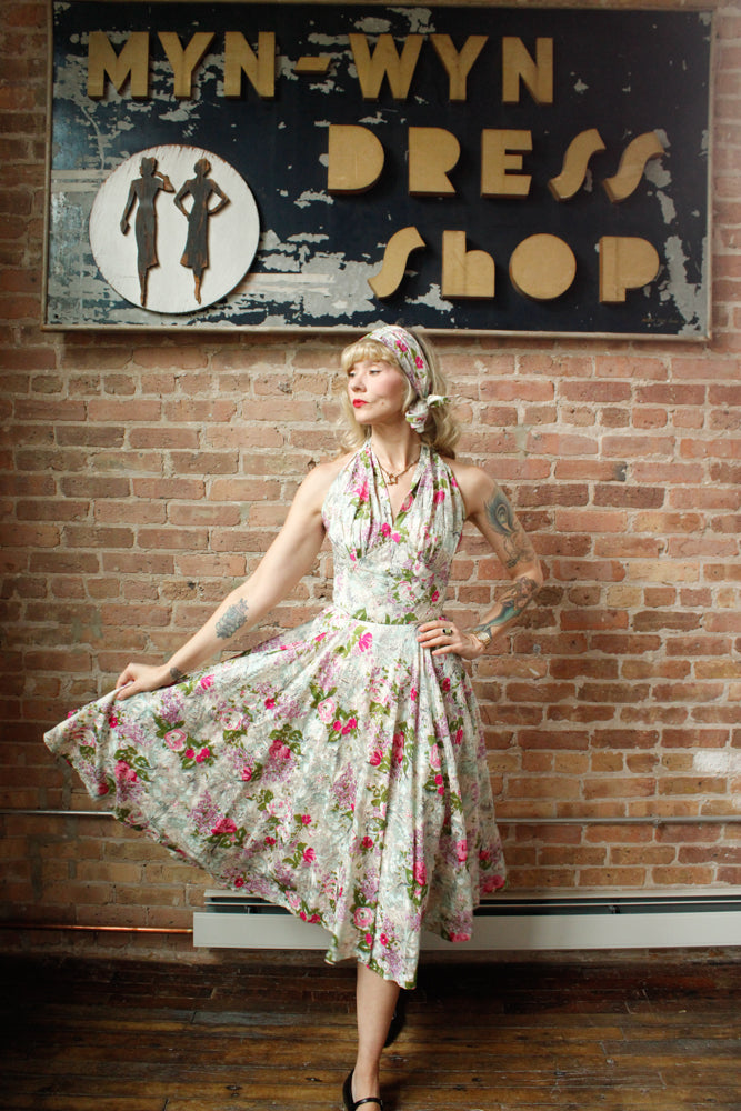 1950s Silk Floral Halter Dress & Scarf - Xsmall