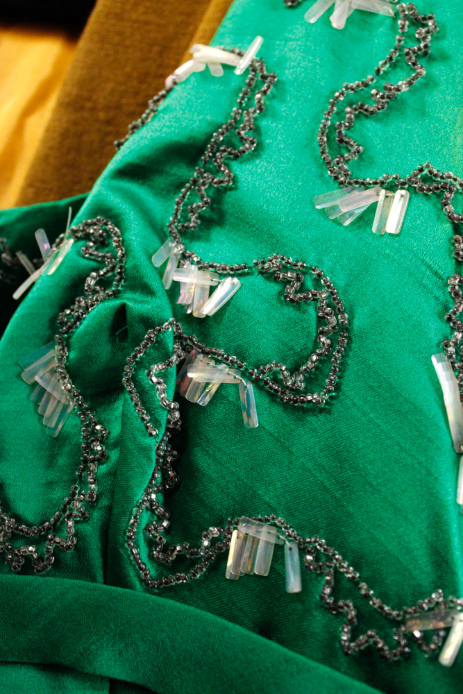 1960s Designer Ida Mae Emerald Silk Jeweled Gown - Small