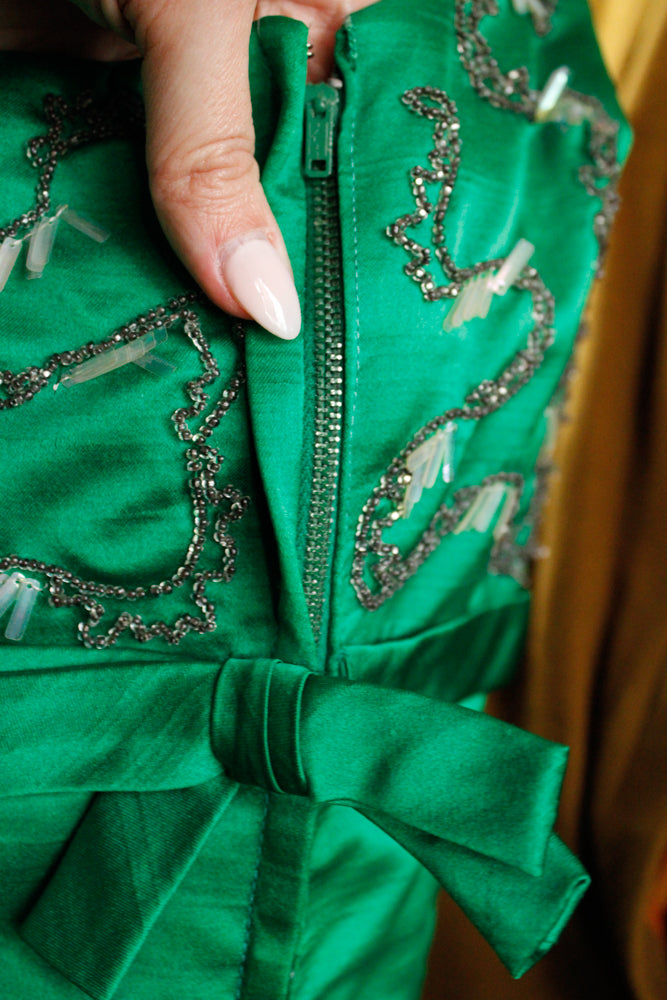 1960s Designer Ida Mae Emerald Silk Jeweled Gown - Small